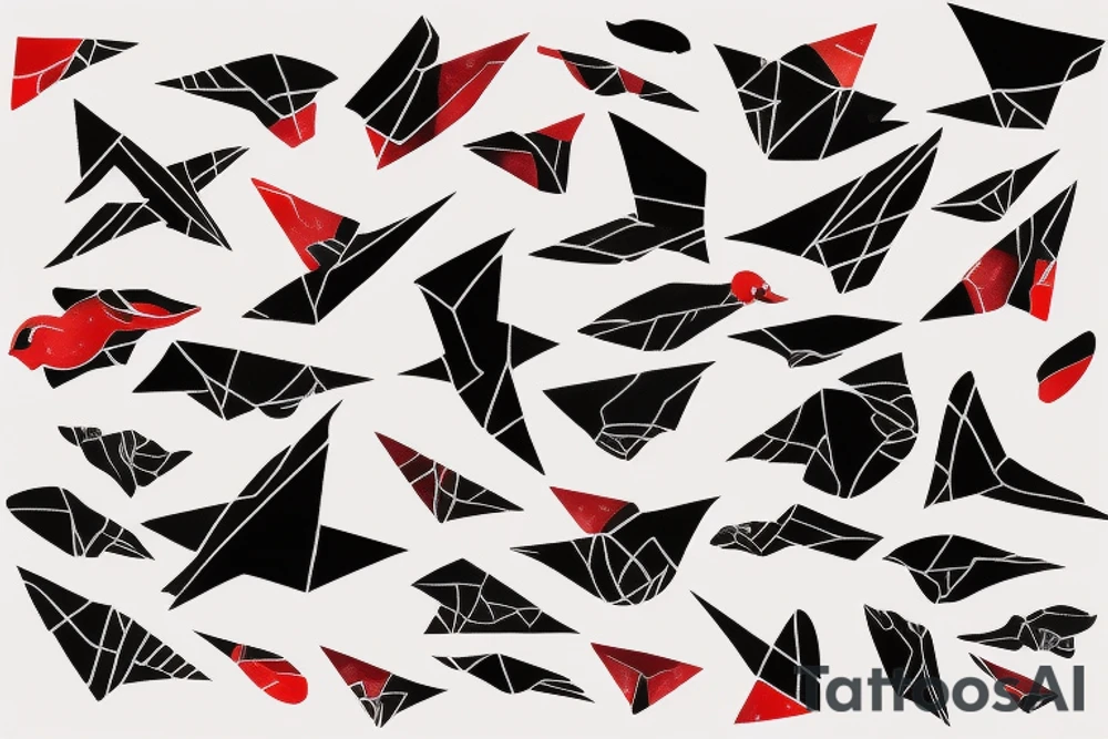 watercolour abstract robin mid-flight, dynamic, only a little bit of red otherwise black and white, splatters, geometric design with the use of triangles to create the robin tattoo idea