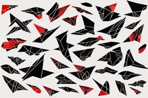 watercolour abstract robin mid-flight, dynamic, only a little bit of red otherwise black and white, splatters, geometric design with the use of triangles to create the robin tattoo idea