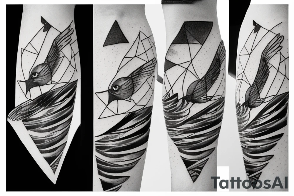 watercolour abstract robin mid-flight, dynamic, only a little bit of red otherwise black and white, splatters, geometric design with the use of triangles to create the robin tattoo idea
