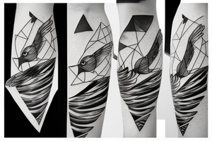 watercolour abstract robin mid-flight, dynamic, only a little bit of red otherwise black and white, splatters, geometric design with the use of triangles to create the robin tattoo idea