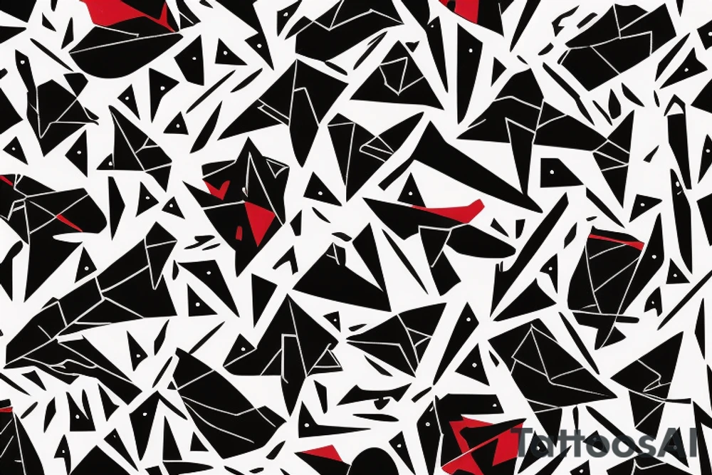 abstract robin mid-flight, dynamic, only a little bit of red otherwise black and white, splatters, geometric design with the use of triangles to create the robin tattoo idea