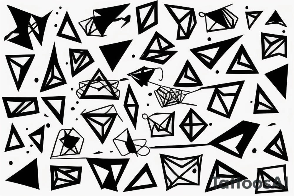 abstract robin made geometrically out of different shapes and lines mid-flight, dynamic, only a little bit of red otherwise black and white, splatters tattoo idea