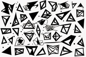 abstract robin made geometrically out of different shapes and lines mid-flight, dynamic, only a little bit of red otherwise black and white, splatters tattoo idea