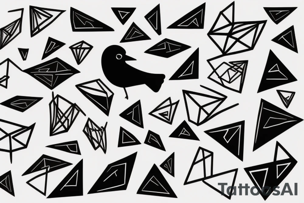 abstract robin mid-flight, made geometrically out of different shapes and lines, dynamic, only a little bit of red otherwise black and white, splatters tattoo idea