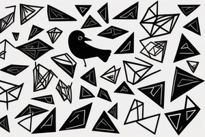 abstract robin mid-flight, made geometrically out of different shapes and lines, dynamic, only a little bit of red otherwise black and white, splatters tattoo idea