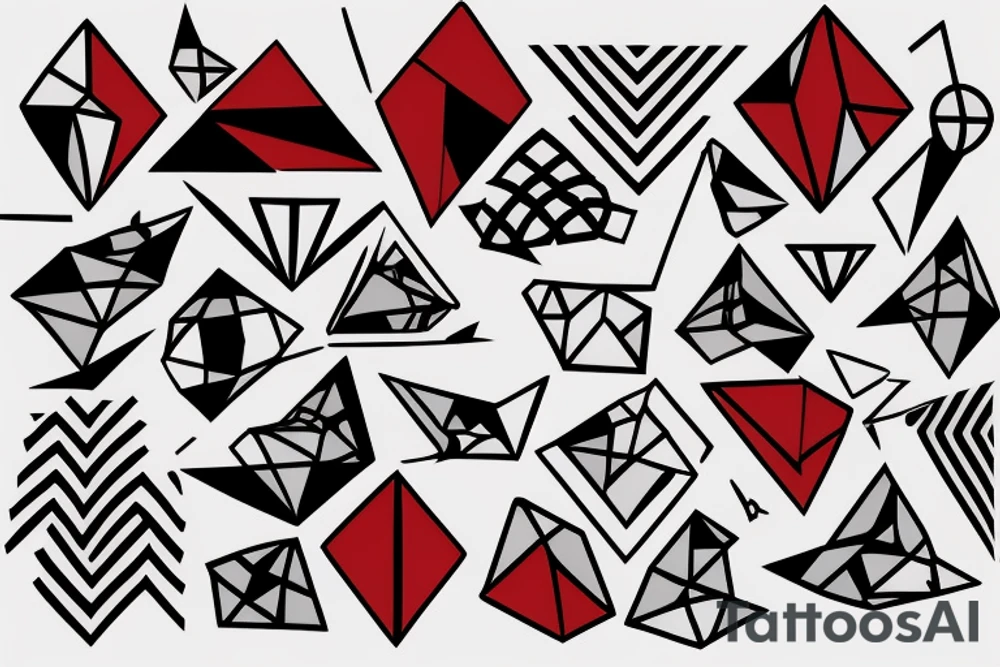 abstract robin mid-flight, made geometrically out of different shapes and lines, dynamic, only a little bit of red otherwise black and white, splatters tattoo idea