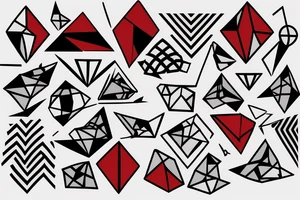 abstract robin mid-flight, made geometrically out of different shapes and lines, dynamic, only a little bit of red otherwise black and white, splatters tattoo idea