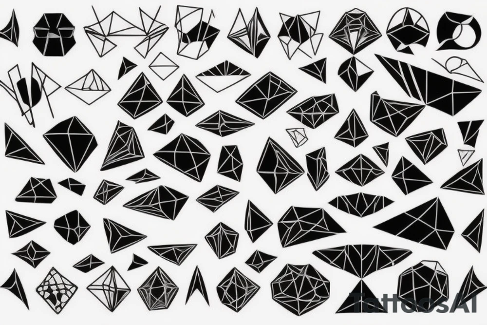 robin mid-flight, made geometrically out of different shapes and lines, dynamic, only a little bit of red otherwise black and white, splatters tattoo idea