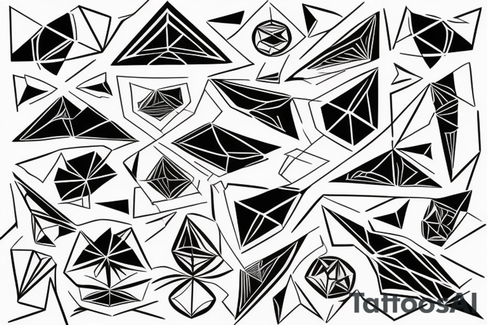 robin mid-flight, made geometrically out of different shapes and lines, dynamic, only a little bit of red otherwise black and white, splatters tattoo idea