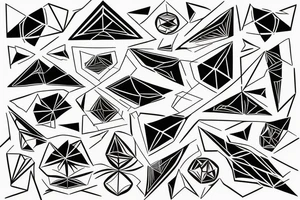 robin mid-flight, made geometrically out of different shapes and lines, dynamic, only a little bit of red otherwise black and white, splatters tattoo idea