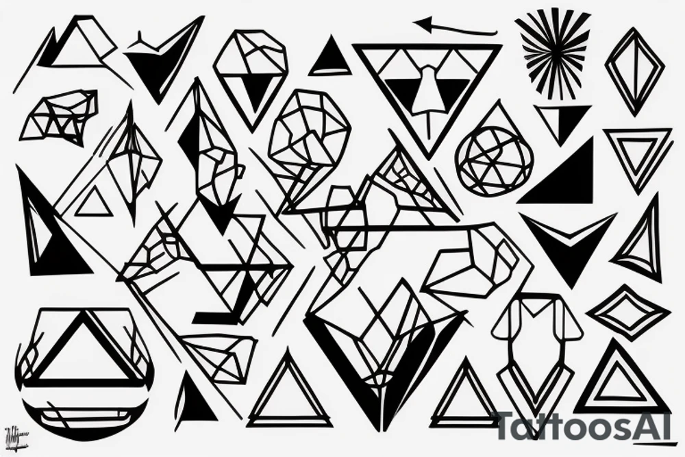 robin mid-flight, made geometrically out of different shapes and lines, dynamic, only a little bit of red otherwise black and white, splatters tattoo idea