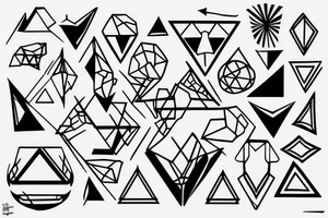 robin mid-flight, made geometrically out of different shapes and lines, dynamic, only a little bit of red otherwise black and white, splatters tattoo idea