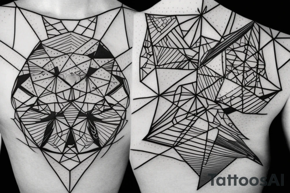 robin mid-flight, made geometrically out of different shapes and lines, dynamic, only a little bit of red otherwise black and white, splatters tattoo idea