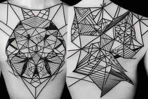 robin mid-flight, made geometrically out of different shapes and lines, dynamic, only a little bit of red otherwise black and white, splatters tattoo idea