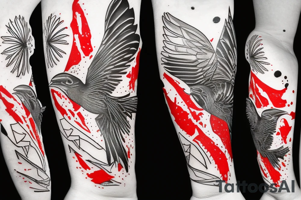robin mid-flight, dynamic, only a little bit of red otherwise black and white, splatters tattoo idea