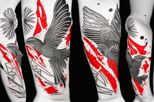 robin mid-flight, dynamic, only a little bit of red otherwise black and white, splatters tattoo idea
