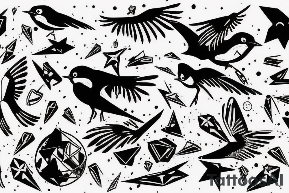 robin mid-flight, dynamic, only a little bit of red otherwise black and white, splatters tattoo idea