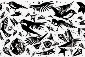 robin mid-flight, dynamic, only a little bit of red otherwise black and white, splatters tattoo idea