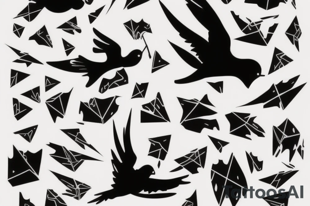 robin mid-flight, dynamic, only a little bit of red otherwise black and white, splatters tattoo idea