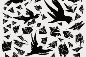 robin mid-flight, dynamic, only a little bit of red otherwise black and white, splatters tattoo idea