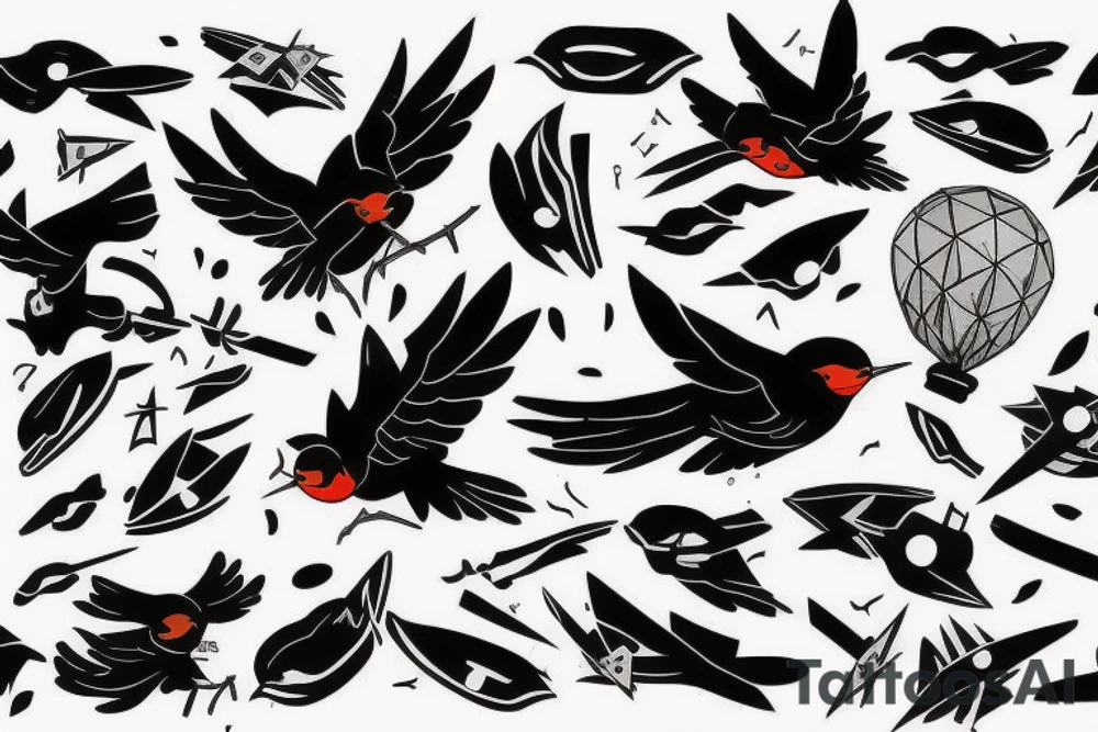 robin mid-flight, dynamic, only a little bit of red otherwise black and white, splatters tattoo idea