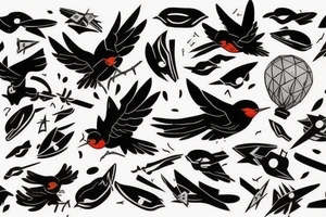 robin mid-flight, dynamic, only a little bit of red otherwise black and white, splatters tattoo idea