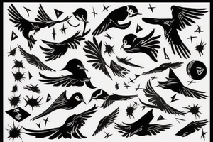 robin mid-flight, dynamic, only a little bit of red otherwise black and white, splatters, fluid tattoo idea