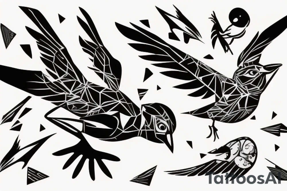 robin mid-flight, dynamic, only a little bit of red otherwise black and white, splatters, fluid tattoo idea