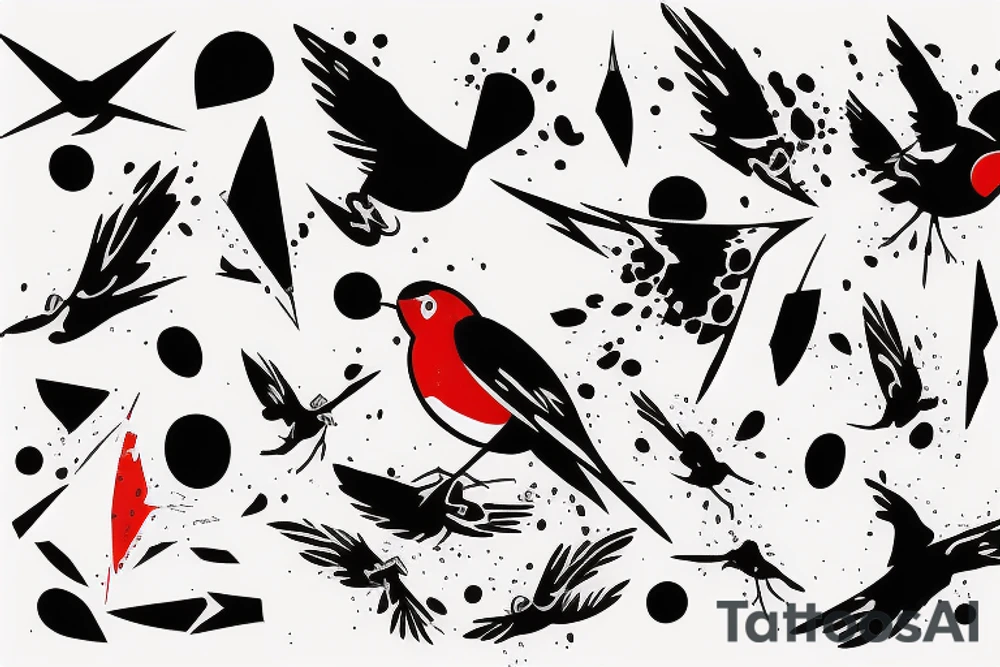 robin mid-flight, dynamic, only a little bit of red otherwise black and white, splatters, fluid tattoo idea