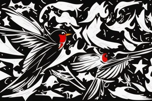 robin mid-flight, dynamic, only a little bit of red otherwise black and white, splatters, fluid tattoo idea