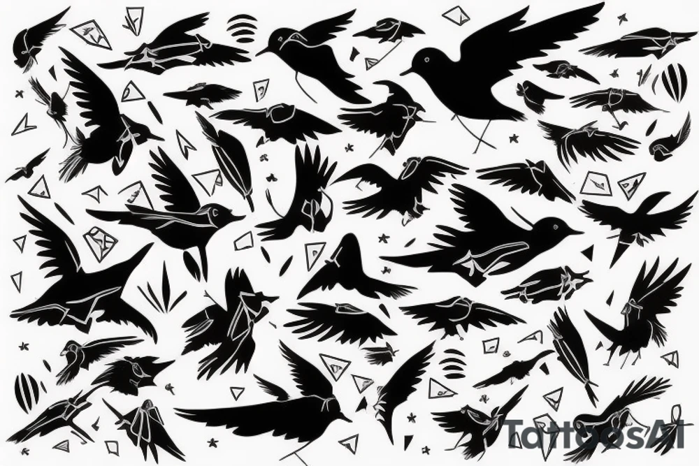 robin mid-flight, dynamic, only a little bit of red otherwise black and white, splatters, fluid tattoo idea