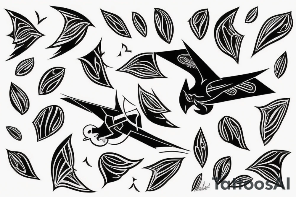 art fusion geometric style robin mid-flight, dynamic, only a little bit of red otherwise black and white tattoo idea