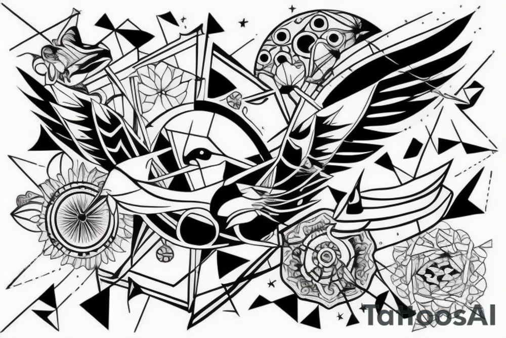 art fusion geometric style robin mid-flight, dynamic, only a little bit of red otherwise black and white tattoo idea