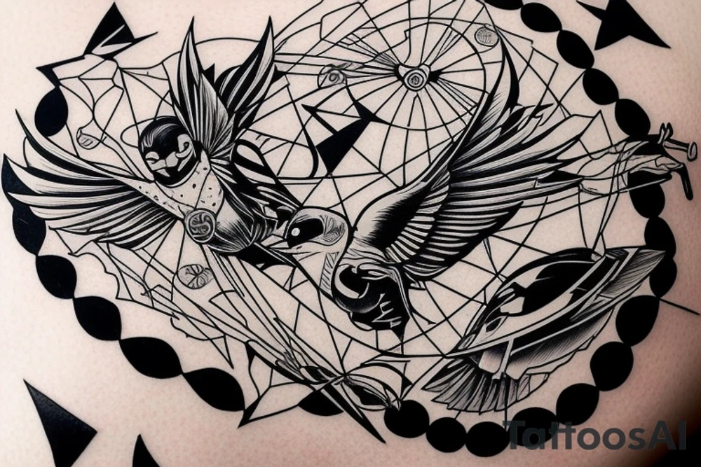 art fusion geometric style robin mid-flight, dynamic, only a little bit of red otherwise black and white tattoo idea