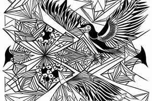 art fusion geometric style robin mid-flight, dynamic, only a little bit of red otherwise black and white tattoo idea