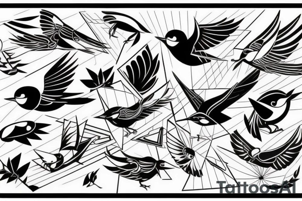 art fusion geometric style robin mid-flight, dynamic, only a little bit of red otherwise black and white tattoo idea