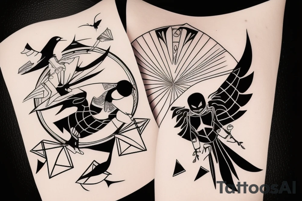 art fusion geometric style robin mid-flight, dynamic, only a little bit of red otherwise black and white tattoo idea