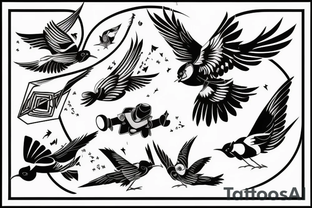 art fusion geometric style robin mid-flight, dynamic, only a little bit of red otherwise black and white tattoo idea