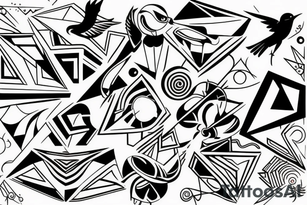 art fusion geometric style robin mid-flight, dynamic, only a little bit of red otherwise black and white tattoo idea