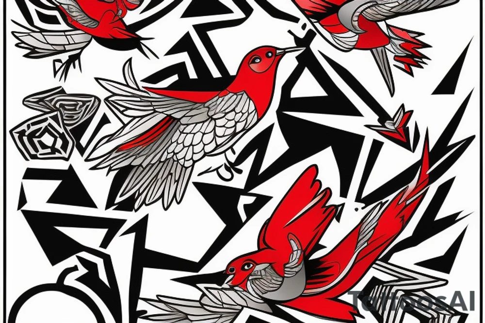 art fusion geometric style robin mid-flight, dynamic, small amount of red accent tattoo idea
