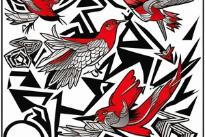 art fusion geometric style robin mid-flight, dynamic, small amount of red accent tattoo idea