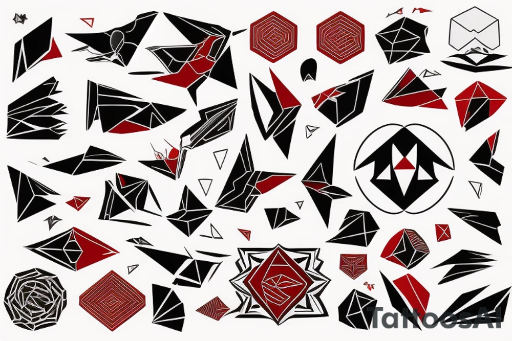 art fusion geometric style robin mid-flight, dynamic, small amount of red accent tattoo idea
