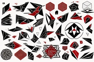 art fusion geometric style robin mid-flight, dynamic, small amount of red accent tattoo idea