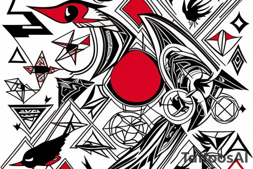 art fusion geometric style robin mid-flight, dynamic, small amount of red accent tattoo idea