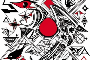 art fusion geometric style robin mid-flight, dynamic, small amount of red accent tattoo idea