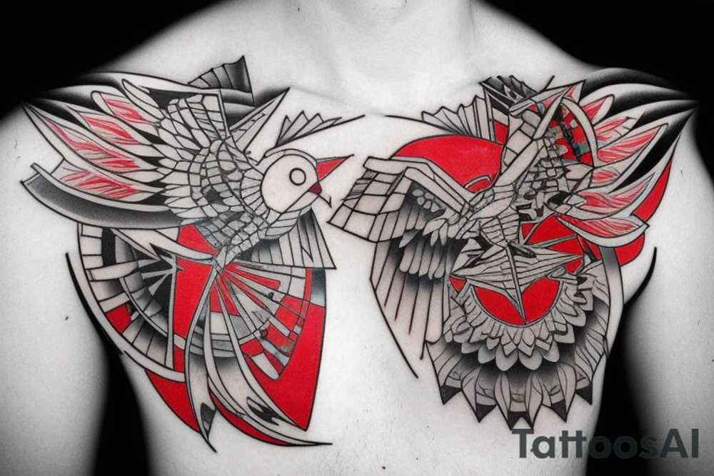 art fusion geometric style robin mid-flight, dynamic, small amount of red accent tattoo idea