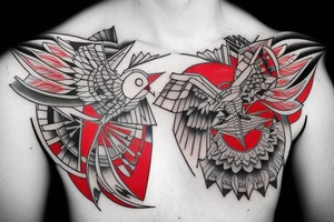 art fusion geometric style robin mid-flight, dynamic, small amount of red accent tattoo idea