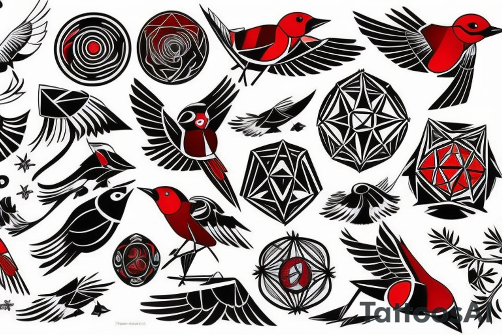 art fusion geometric style robin mid-flight, dynamic, small amount of red accent tattoo idea