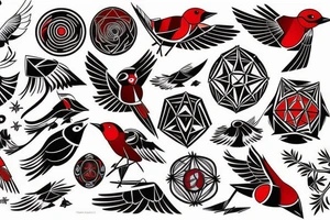 art fusion geometric style robin mid-flight, dynamic, small amount of red accent tattoo idea