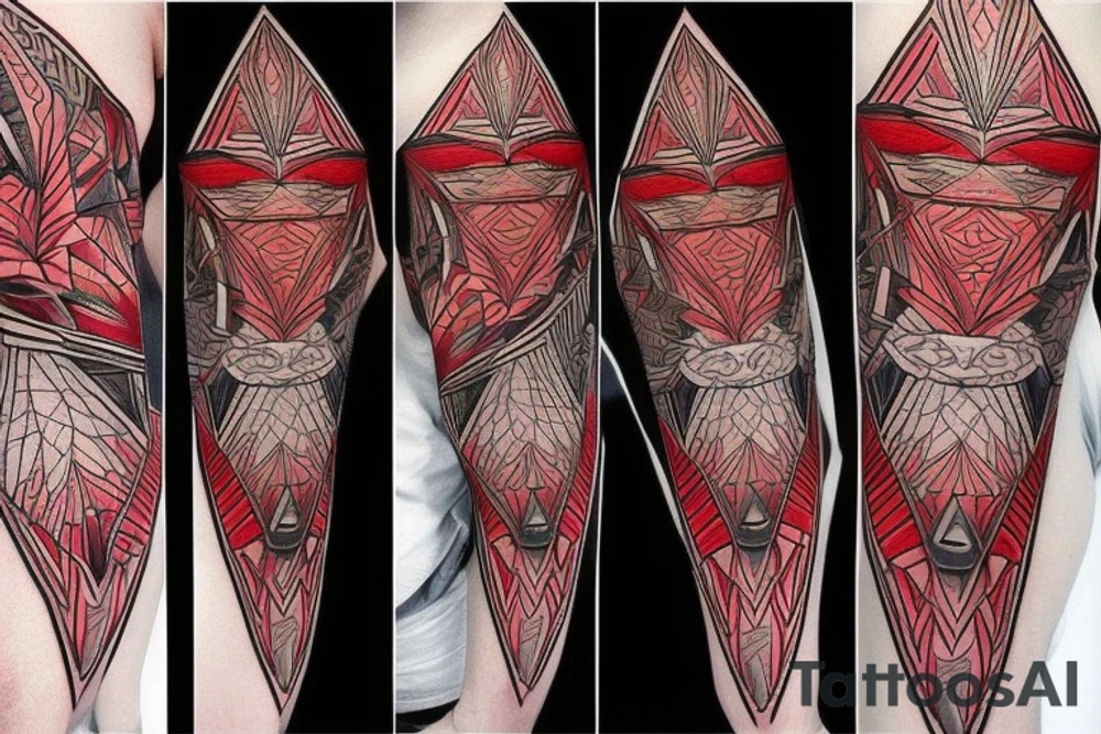 art fusion geometric style robin mid-flight, dynamic, small amount of red accent tattoo idea